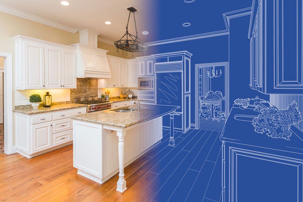 A kitchen's blueprint merged with a photo.