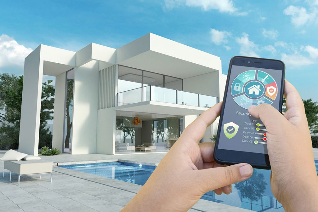 A modern home with a pool controlled by a smartphone from the outside.